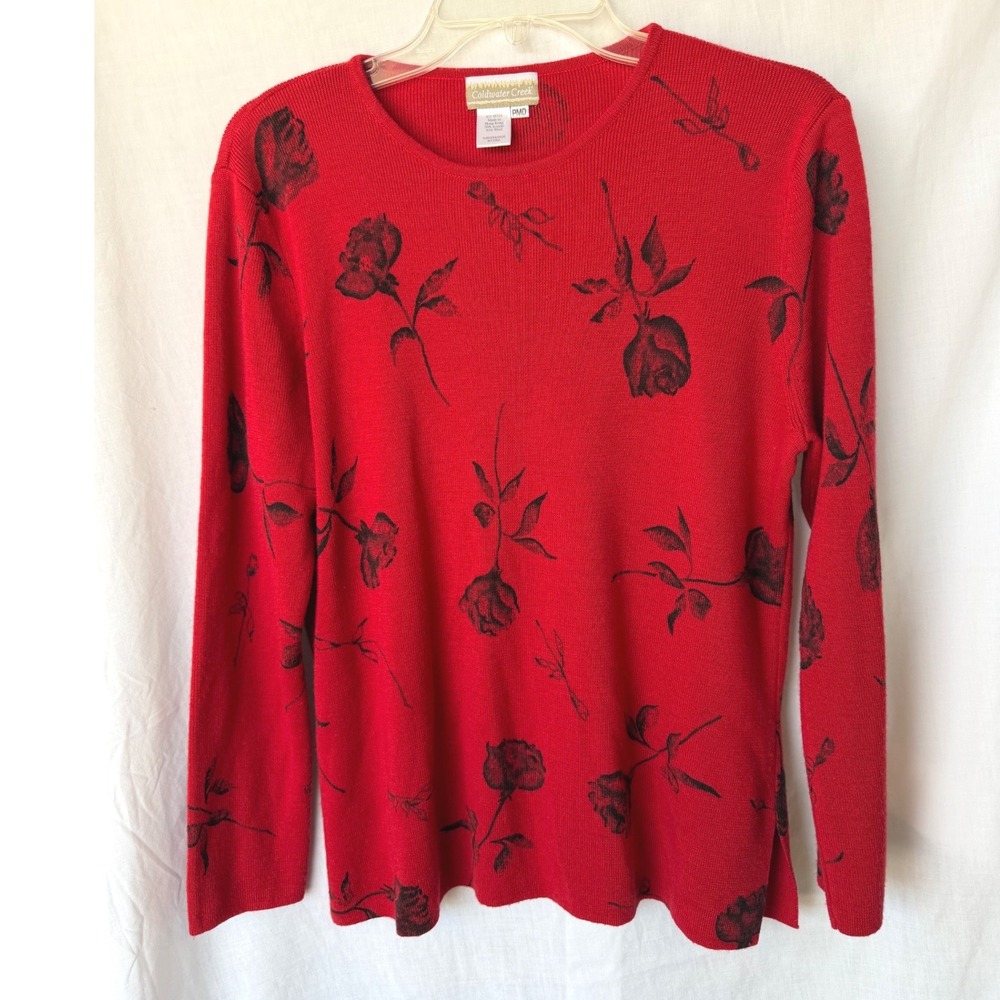 Coldwater Creek Sweater Cottagecore Red Rose Floral Wool Blend Petite Medium